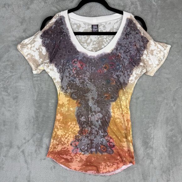 Vintage Free People Y2K Burnout T-Shirt Women's Size Small Cold Shoulder Peacock - Picture 1 of 11
